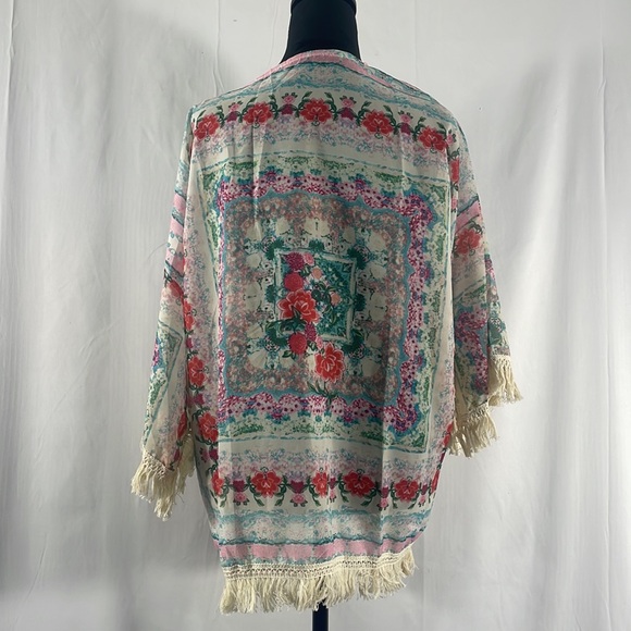 Kimono,floral cardigan,multi colored cover,mid sleeves, open with fringe, Large - Picture 3 of 7